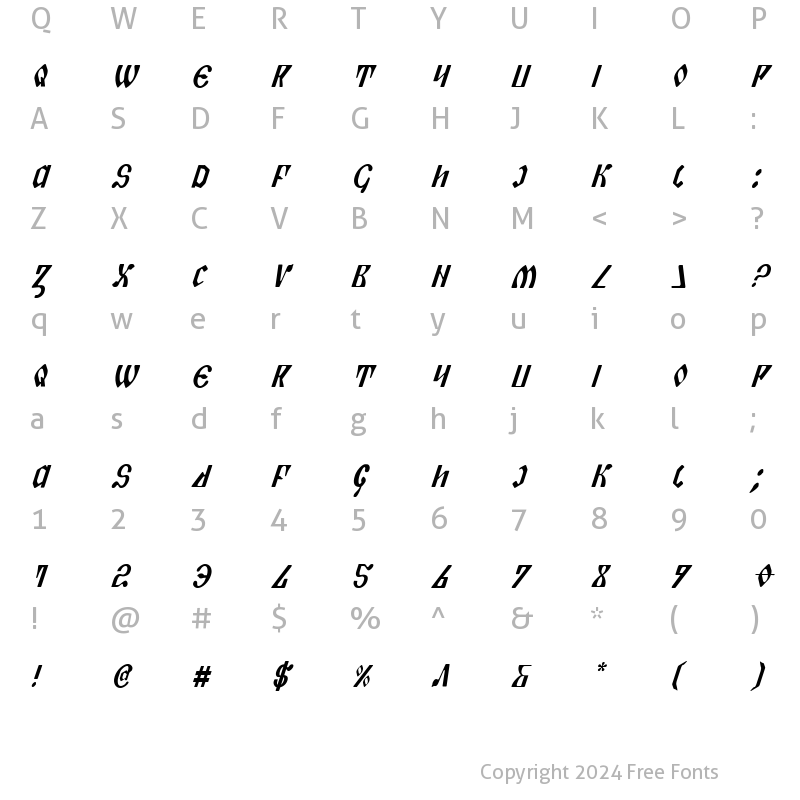 Character Map of Piper Pie Cond Italic Cond Italic