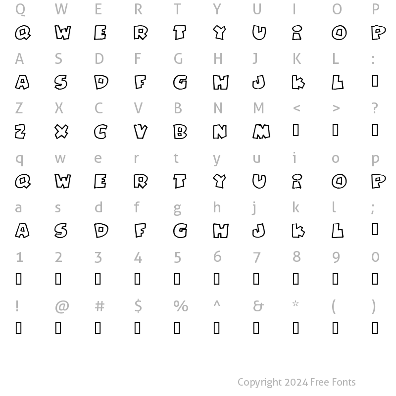 Character Map of PizzaDudeFatOutline Regular