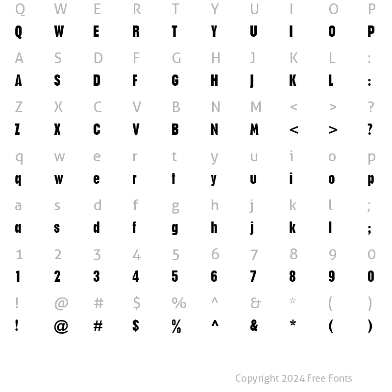 Character Map of Placard MT Bold Condensed Regular