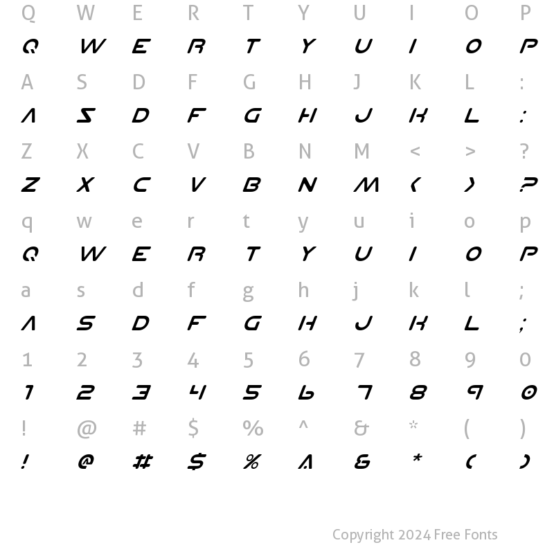 Character Map of Planet N Italic