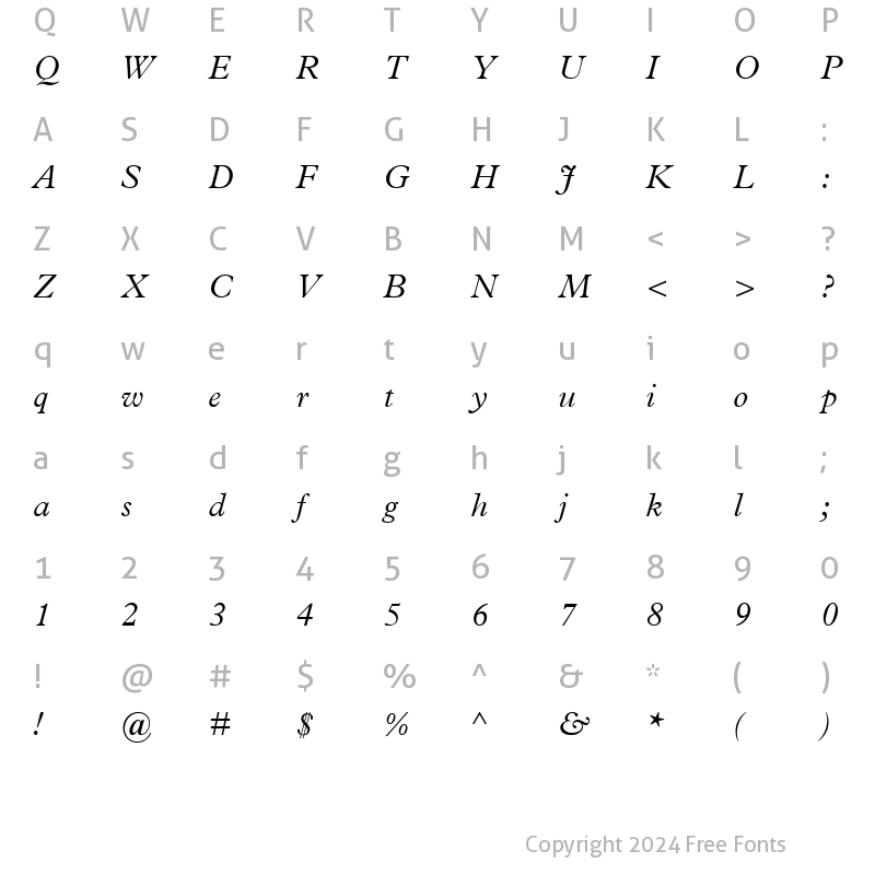 Character Map of Plantin Light Light Italic