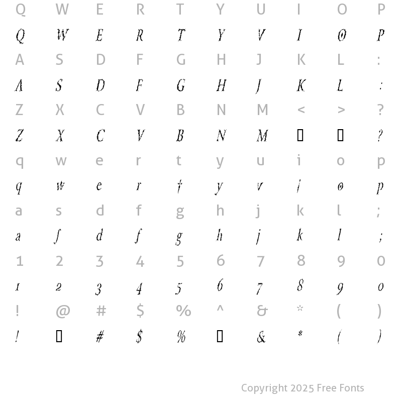 Character Map of PorcupineRomanCondensed Italic