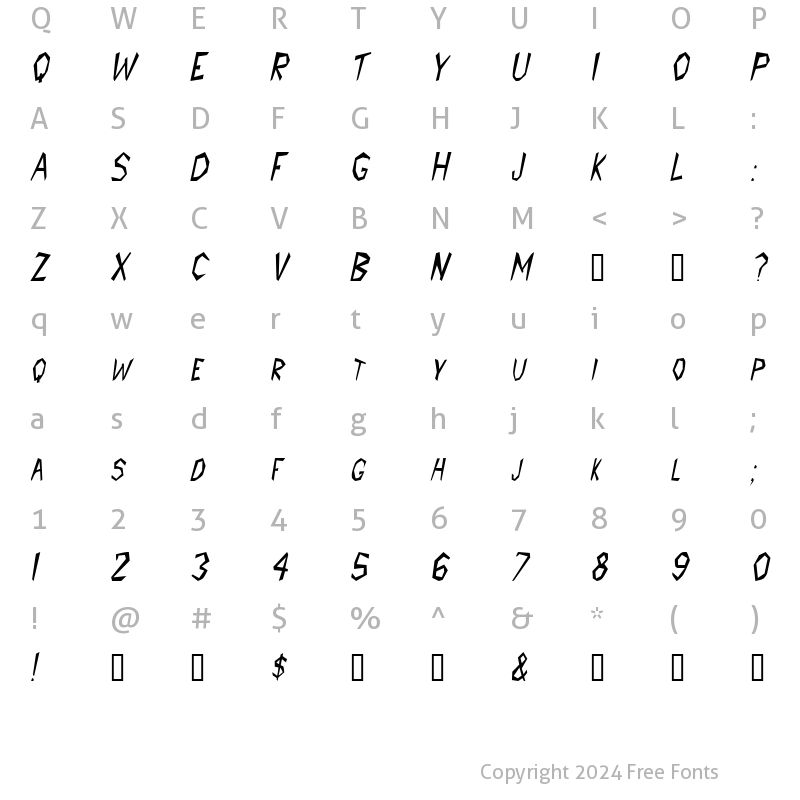 Character Map of PrehistoricCondensed Italic