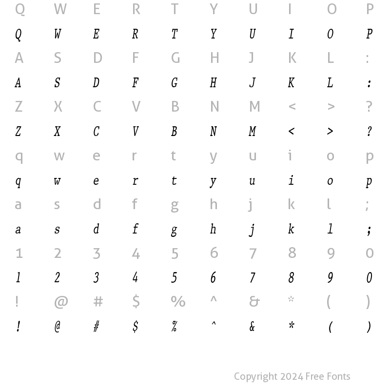 Character Map of PrestigeCondensed Italic