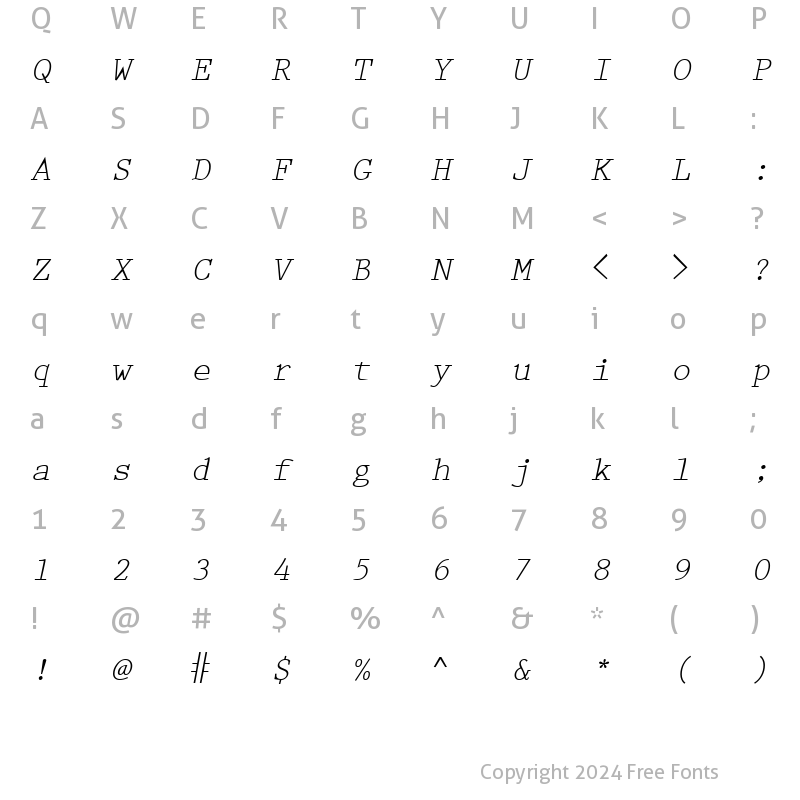 Character Map of PrestigeTwo RegularItalic