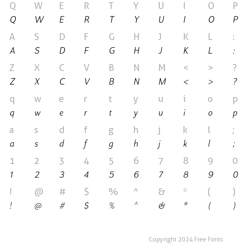 Character Map of Proda Sans Light Italic