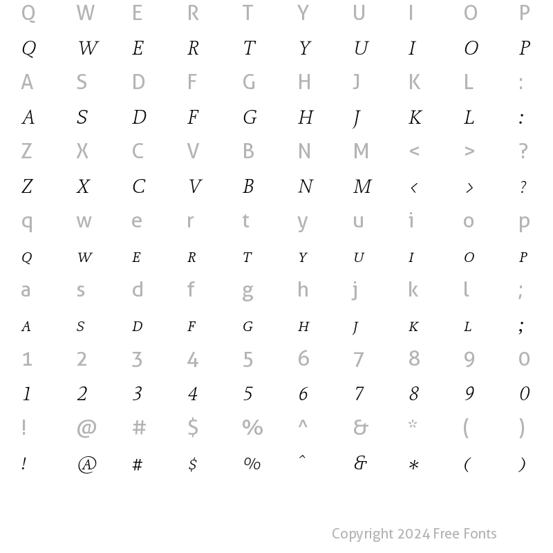Character Map of Proforma LightSC Italic