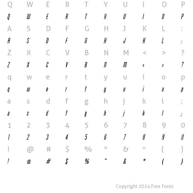 Character Map of Protege Italic