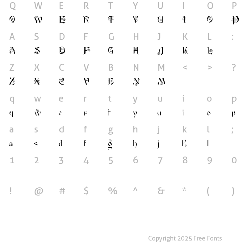 Character Map of PT Fairy Scroll Display Regular