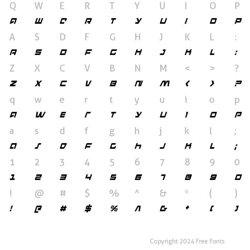 Character Map of Pulse Rifle Condensed Italic Condensed Italic