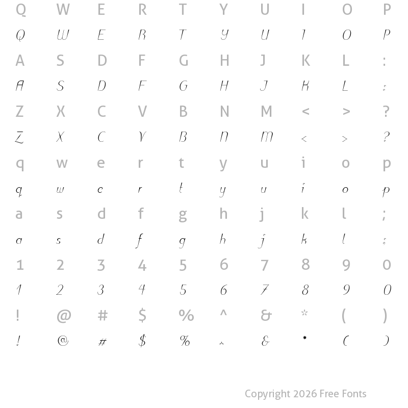 Character Map of Puritas LT Light Italic