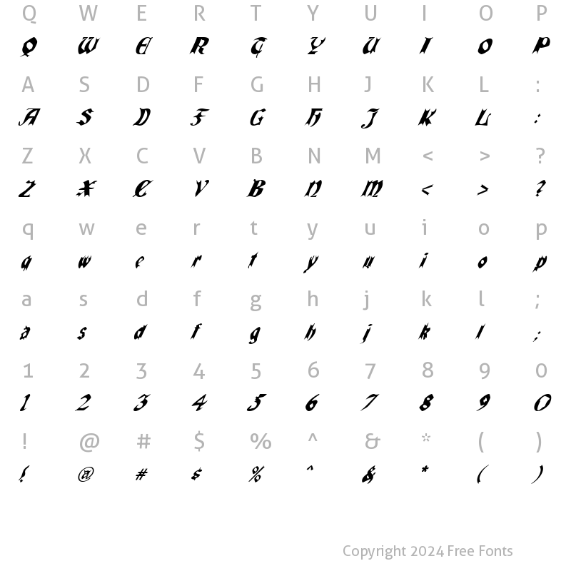 Character Map of QuaelGothicItalics Regular