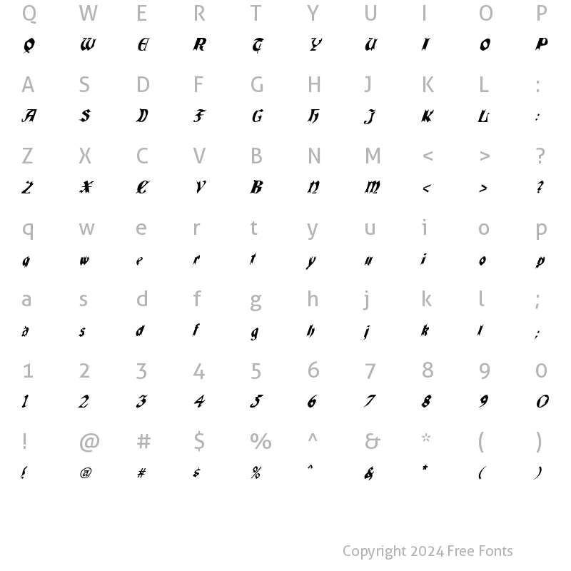 Character Map of QuaelGothicItalicsCondensed Regular