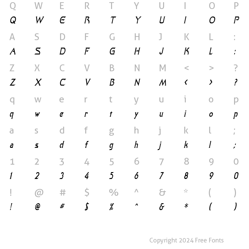 Character Map of QuasarCondensed Italic