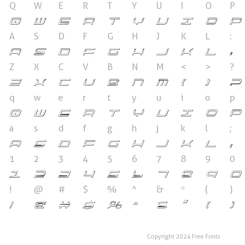 Character Map of QuickTech Shadow Italic Shadow Italic