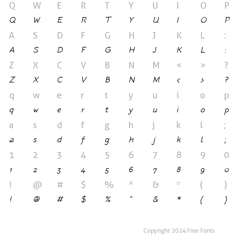 Character Map of Rattlescript-LightOblique Regular