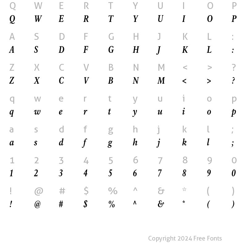 Character Map of Rawlinson Cond Bold Italic