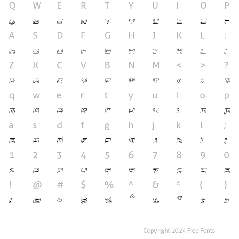 Character Map of RayzorBlunt Outline Italic Regular