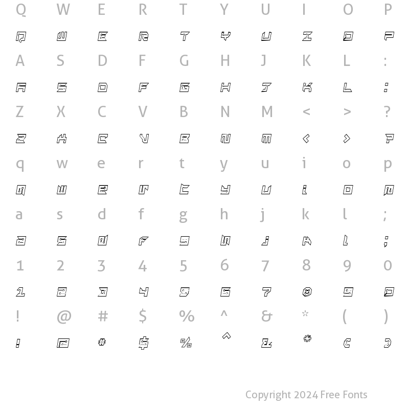 Character Map of RayzorSharp Outline Italic Regular