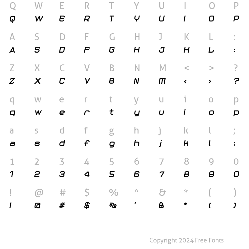 Character Map of Reaction UltraLight Italic