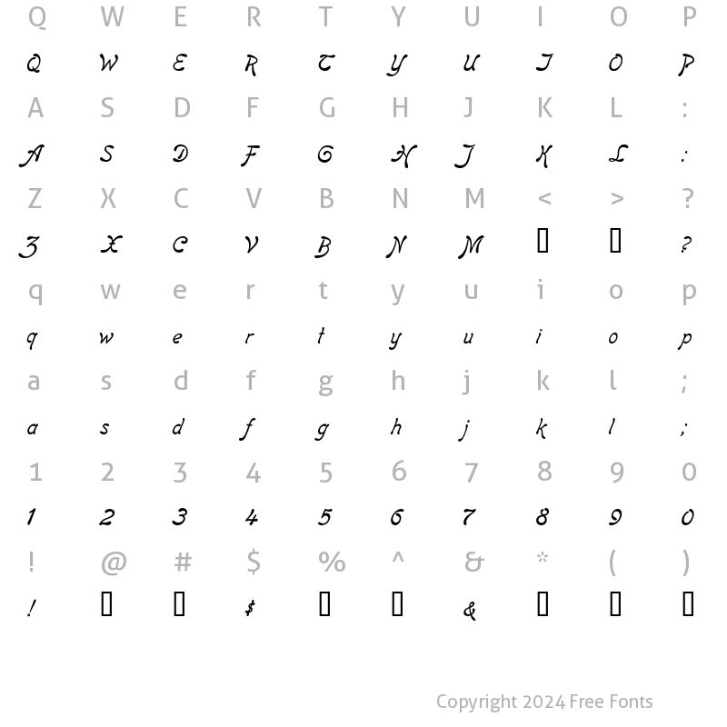 Character Map of Regina Kursiv Italic