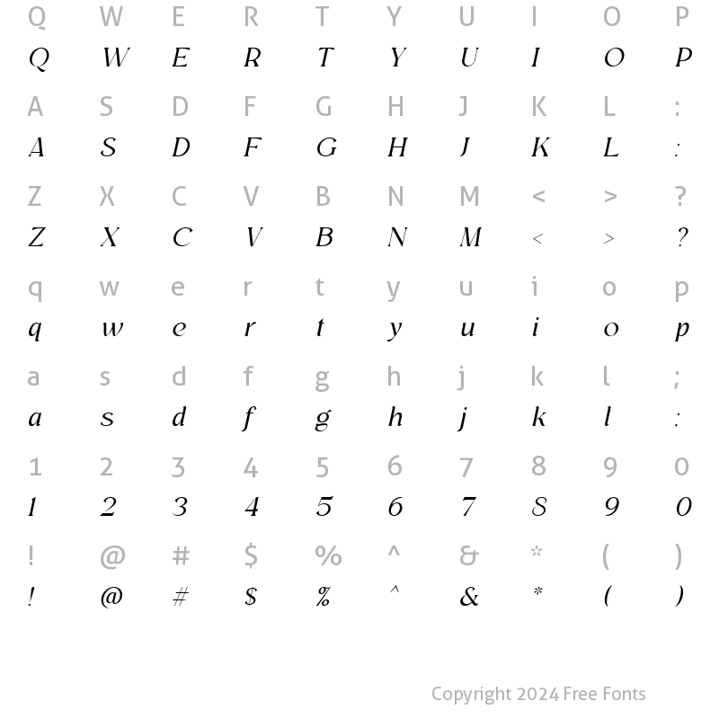 Character Map of Regis Light Italic