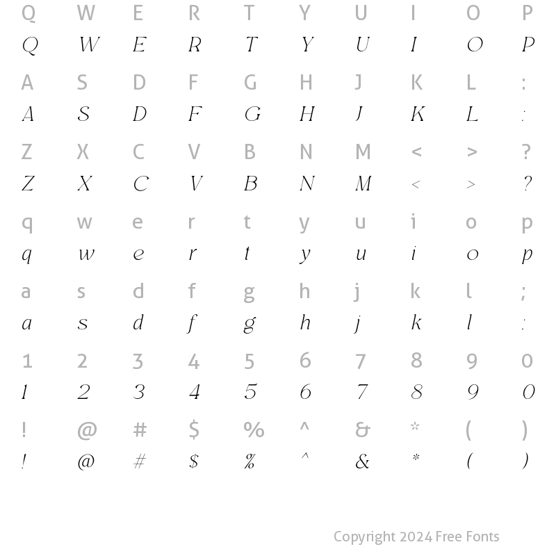 Character Map of Regis Thin Italic