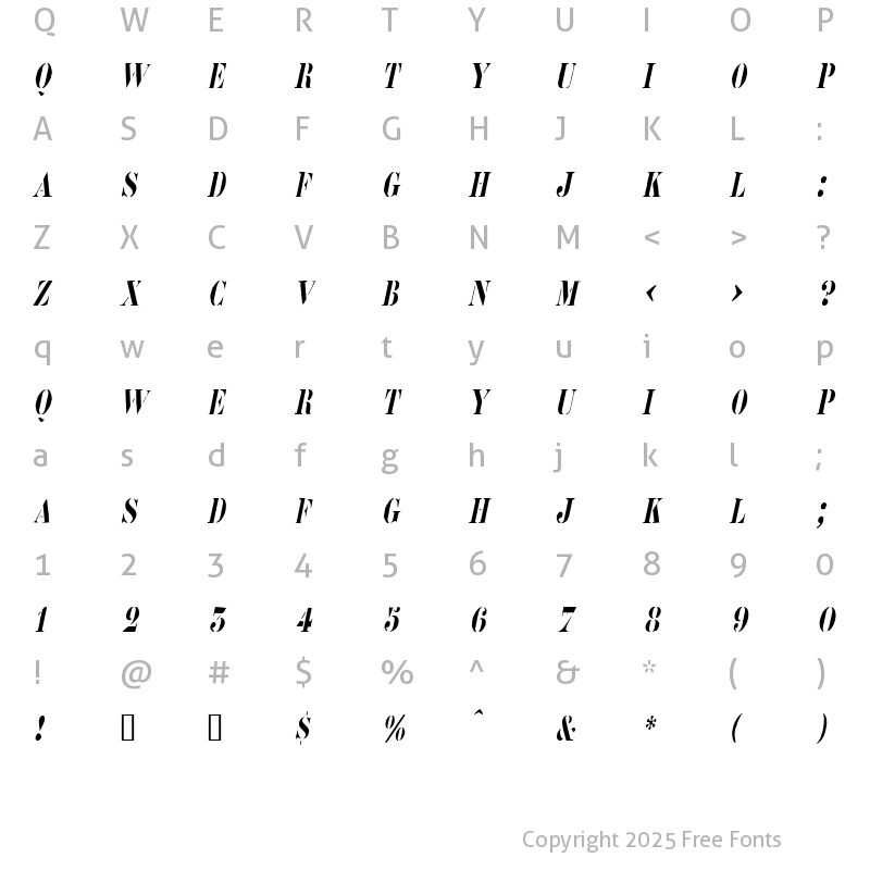 Character Map of RoadcaseCondensed Oblique