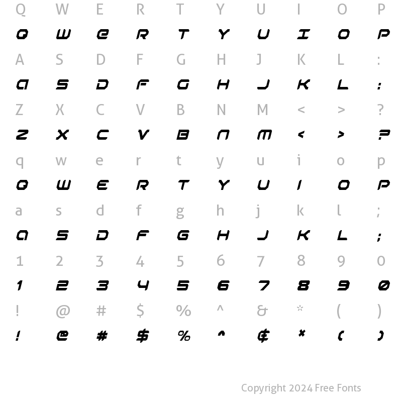 Character Map of Robotaur Condensed Italic Condensed Italic