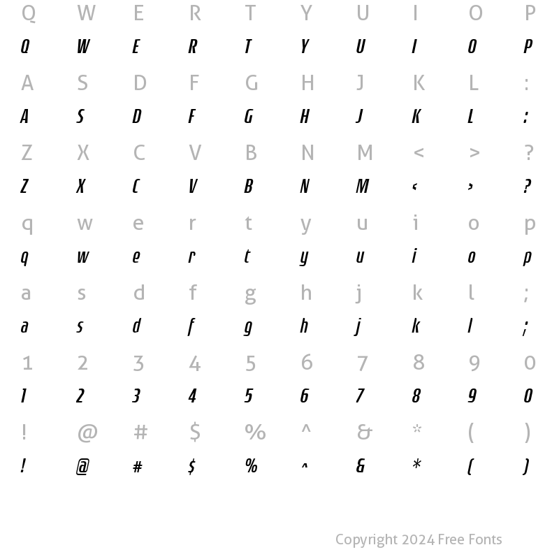 Character Map of Rogue Sans Cond Light Italic