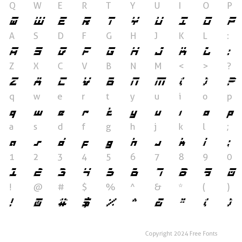 Character Map of Roid Rage Condensed Italic Condensed Italic