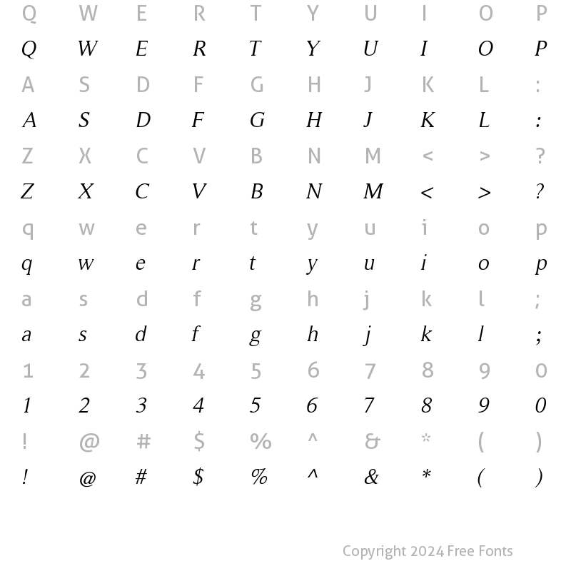 Character Map of RomanSerif Medium Italic