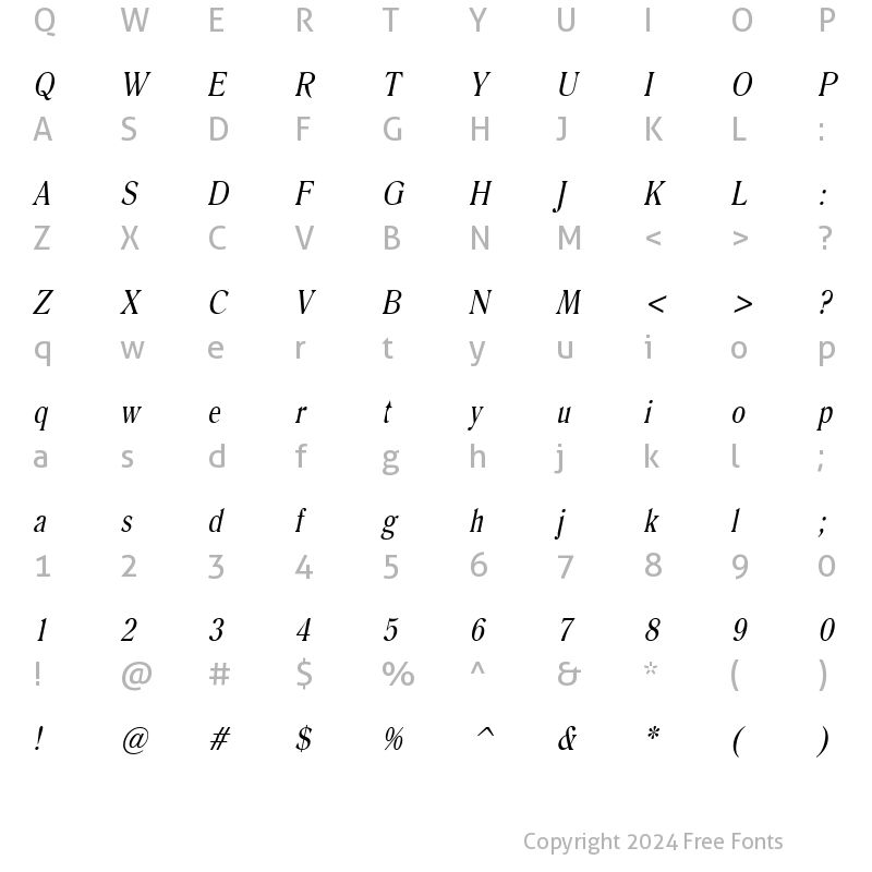 Character Map of Roomy Condensed Italic