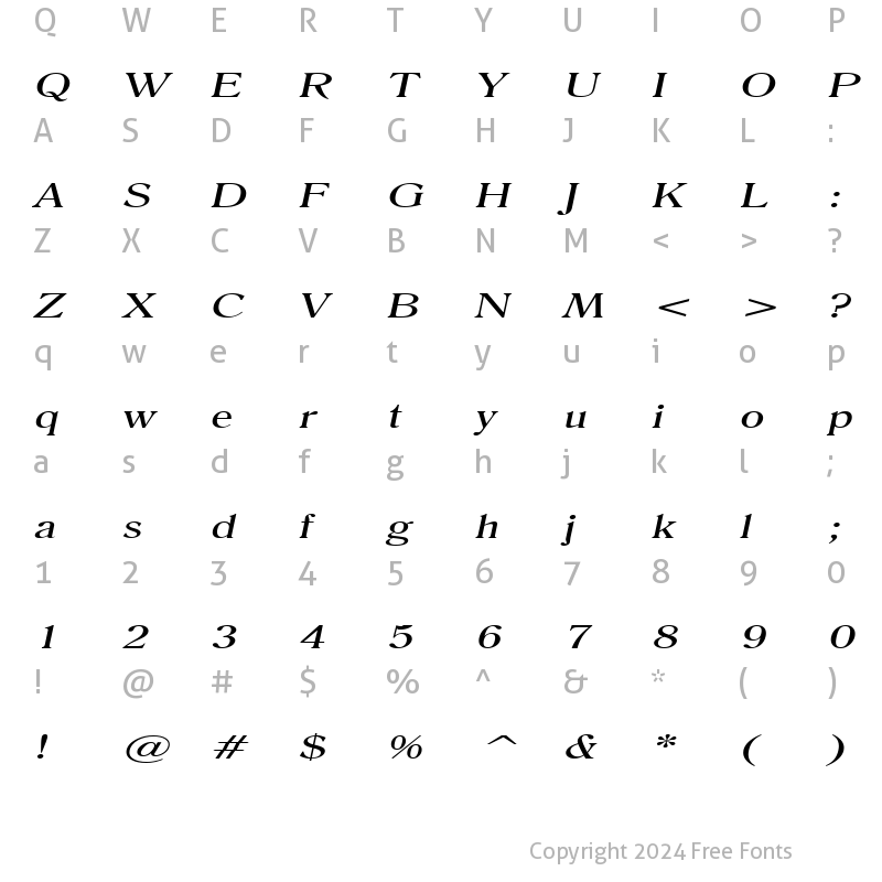 Character Map of Roomy Extended Italic