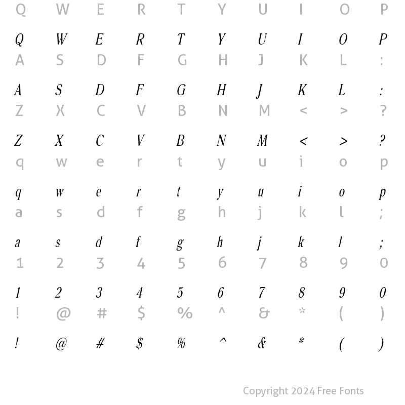 Character Map of Roomy Thin Italic