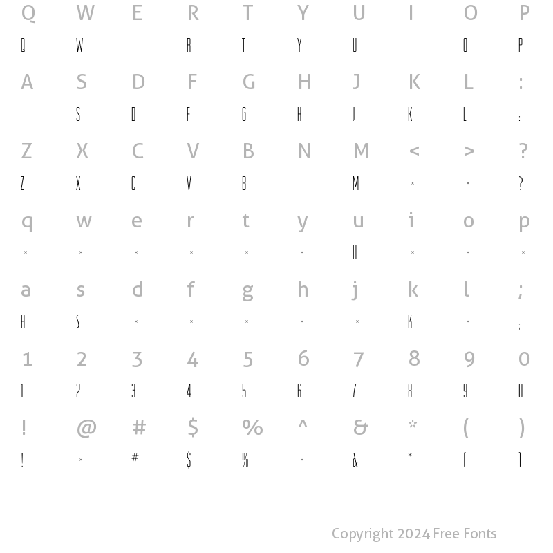 Character Map of RRRaleighGothicCondLight Regular