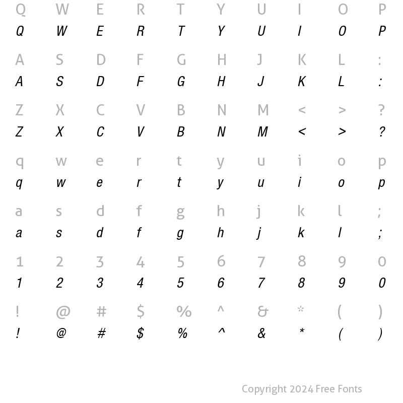 Character Map of Sans Condensed ITALIC