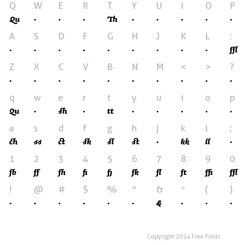 Character Map of SaunaLigatures-BoldItalicSwash Regular