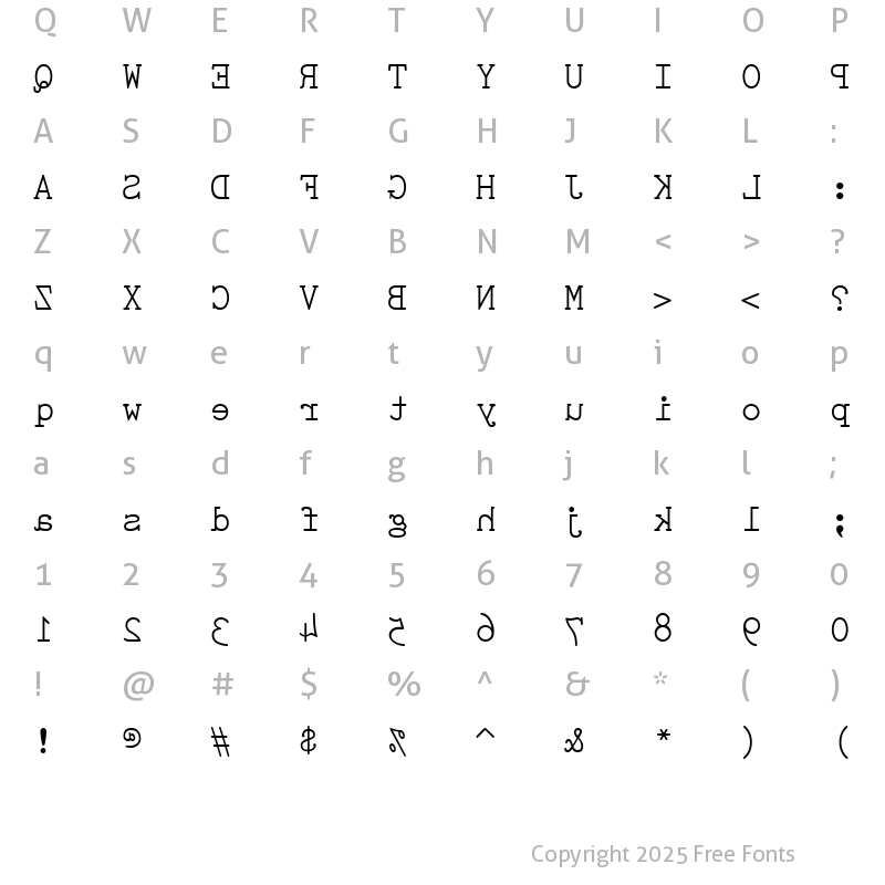 Character Map of Sdrawkcab Regular