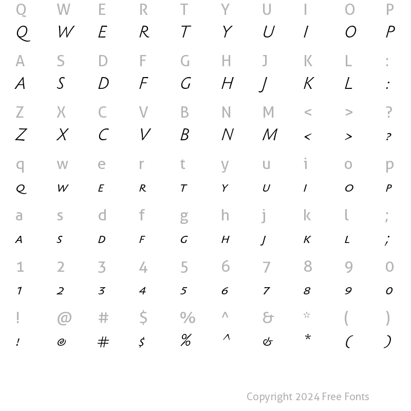 Character Map of Sebastian Light SC Light Italic