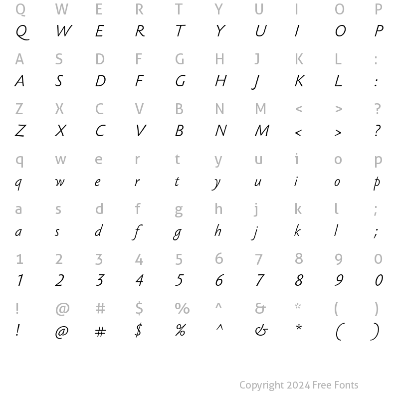 Character Map of Sebastian Light UCF Light Italic