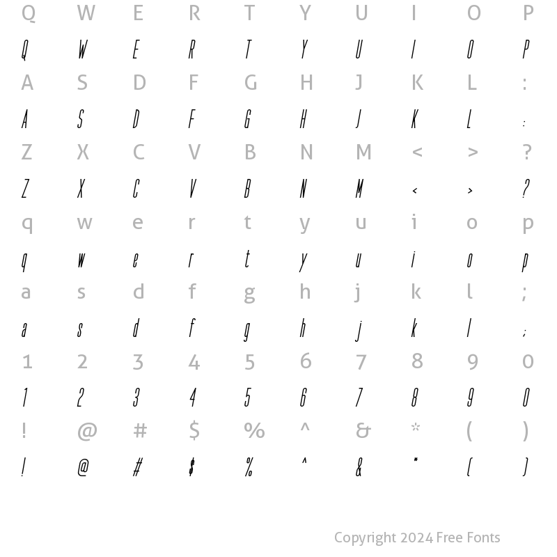 Character Map of Seductive Height (Bold Italic) Bold Italic