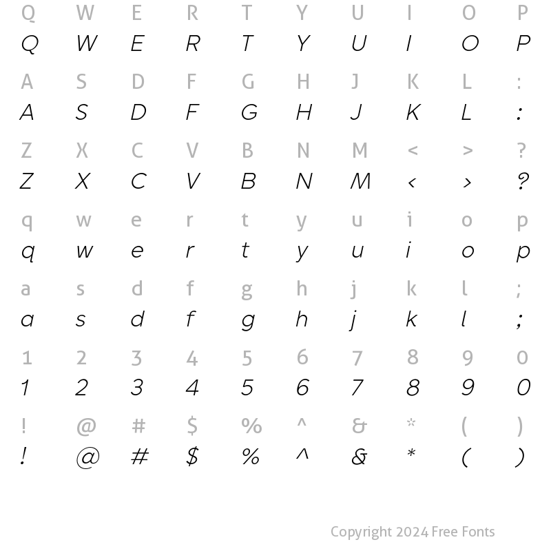 Character Map of Sentic Text Light Italic