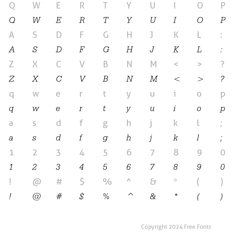 Character Map of Serifa Light Italic