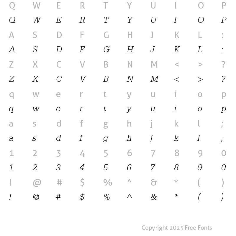 Character Map of Serifa LT 45 Light Italic