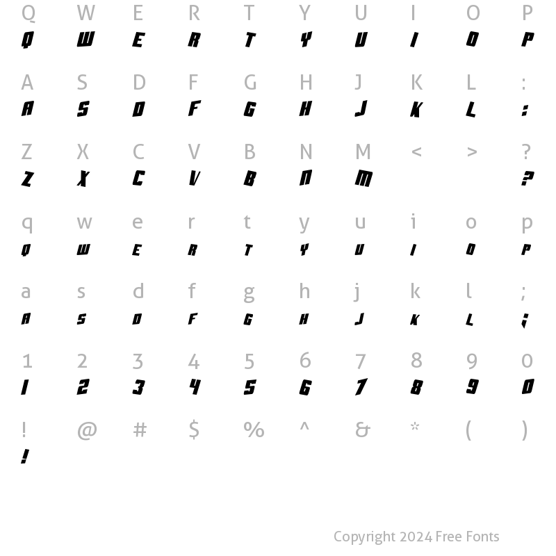 Character Map of SF Aftershock Debris CondSolid Italic