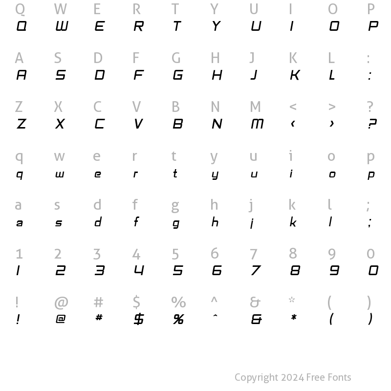 Character Map of SF Fedora Titles Italic