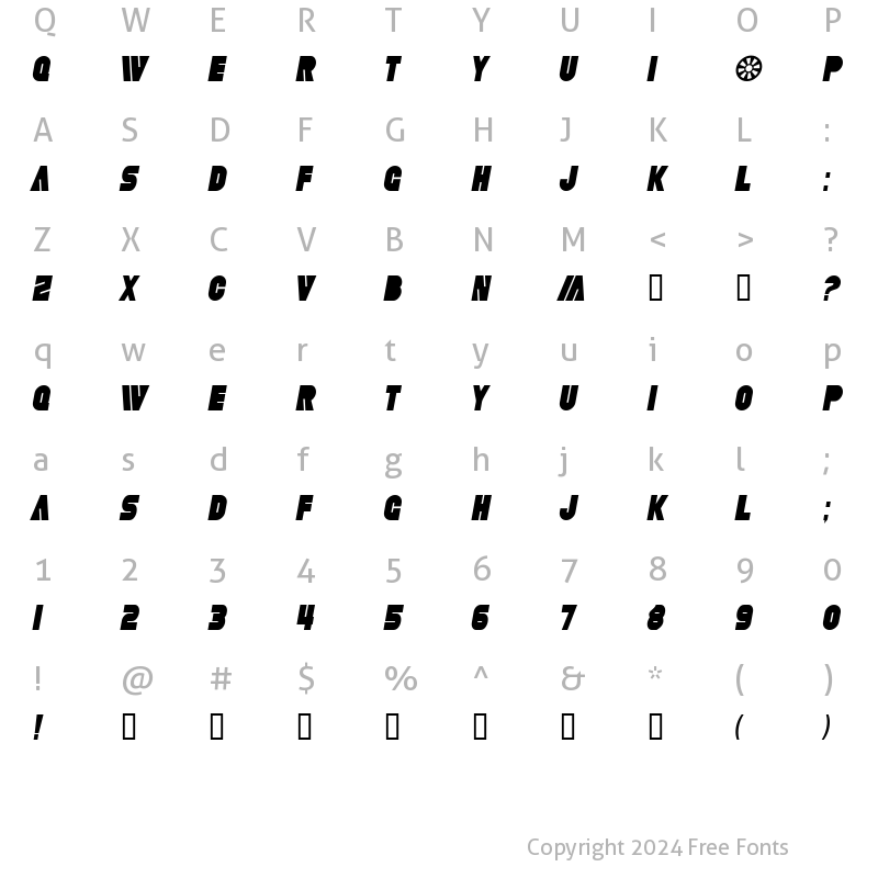 Character Map of SF Fortune Wheel Condensed Italic