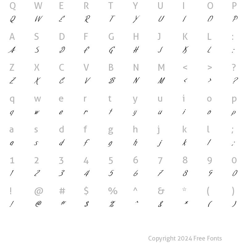 Character Map of SF Foxboro Script Italic