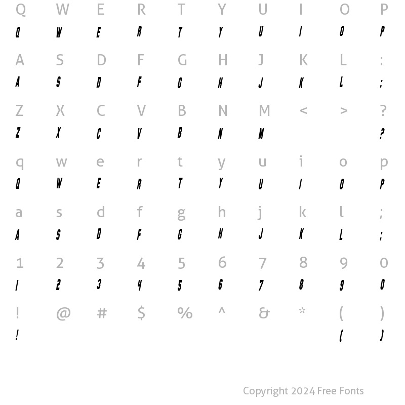 Character Map of SF Hollywood Hills Condensed Italic